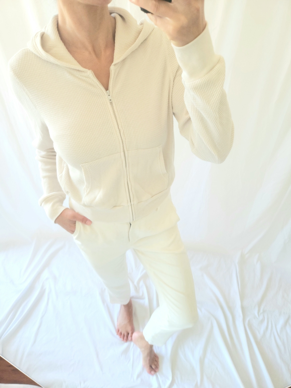 Aritzia Cream V-Neck Hooded Zip Sweater